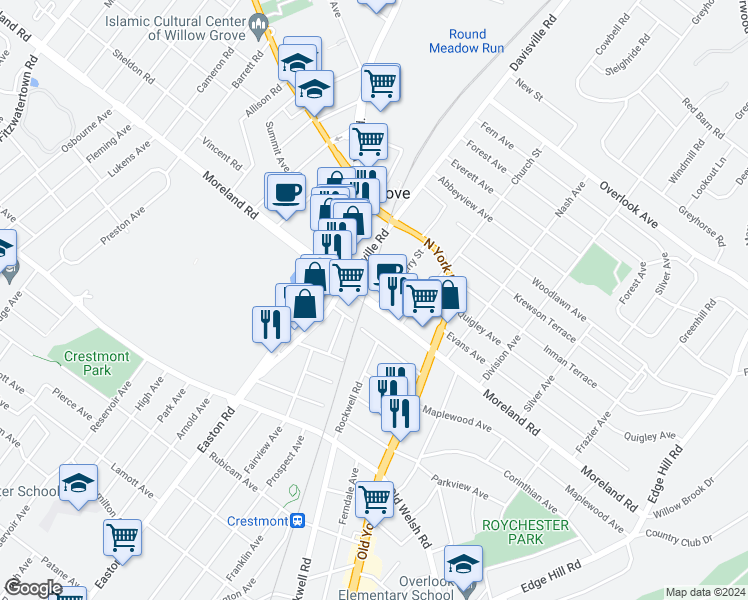map of restaurants, bars, coffee shops, grocery stores, and more near 2232 East Moreland Road in Abington