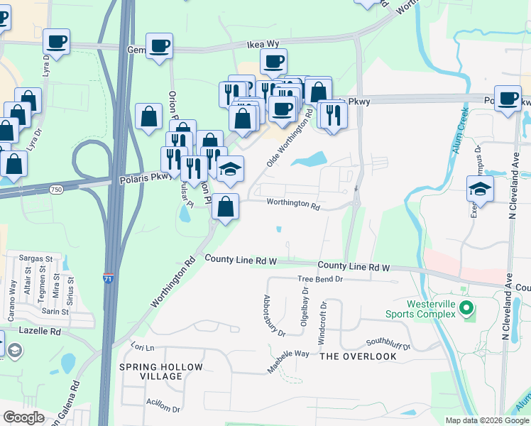 map of restaurants, bars, coffee shops, grocery stores, and more near 500 Olde Worthington Road in Westerville