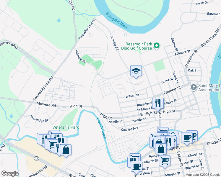 map of restaurants, bars, coffee shops, grocery stores, and more near 711 Bender Road in Phoenixville