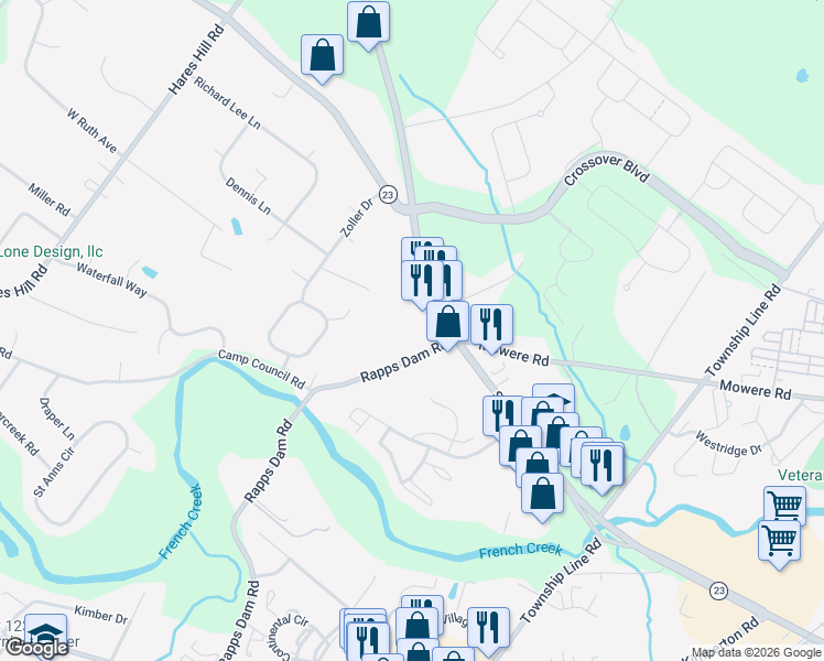 map of restaurants, bars, coffee shops, grocery stores, and more near 1107 Rapps Dam Road in Phoenixville