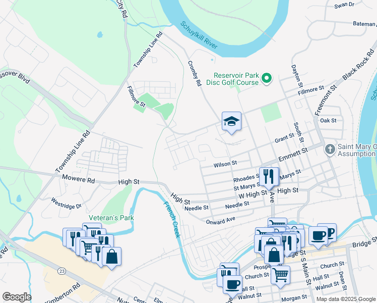 map of restaurants, bars, coffee shops, grocery stores, and more near 711 Bender Road in Phoenixville