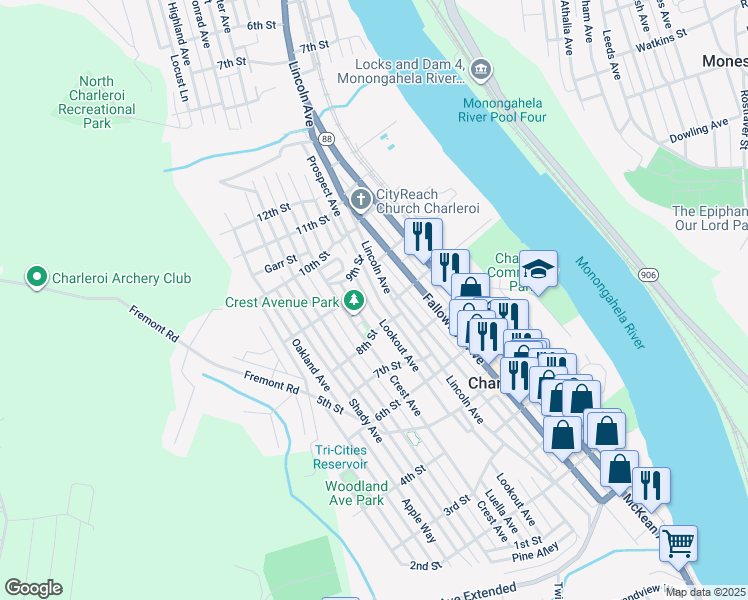 map of restaurants, bars, coffee shops, grocery stores, and more near 807 Lookout Avenue in Charleroi