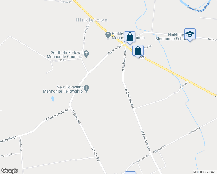 map of restaurants, bars, coffee shops, grocery stores, and more near 892 North Railroad Avenue in New Holland
