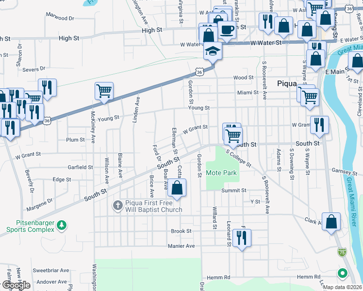 map of restaurants, bars, coffee shops, grocery stores, and more near 756 South Street in Piqua