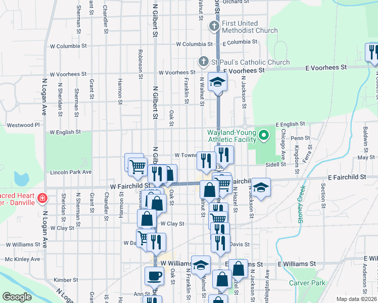 map of restaurants, bars, coffee shops, grocery stores, and more near 900-998 North Franklin Street in Danville