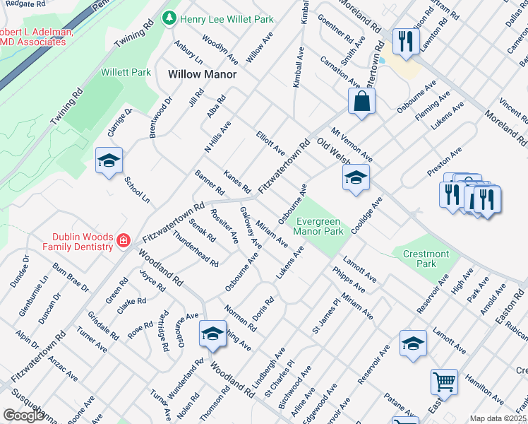 map of restaurants, bars, coffee shops, grocery stores, and more near 1582 Osbourne Avenue in Abington