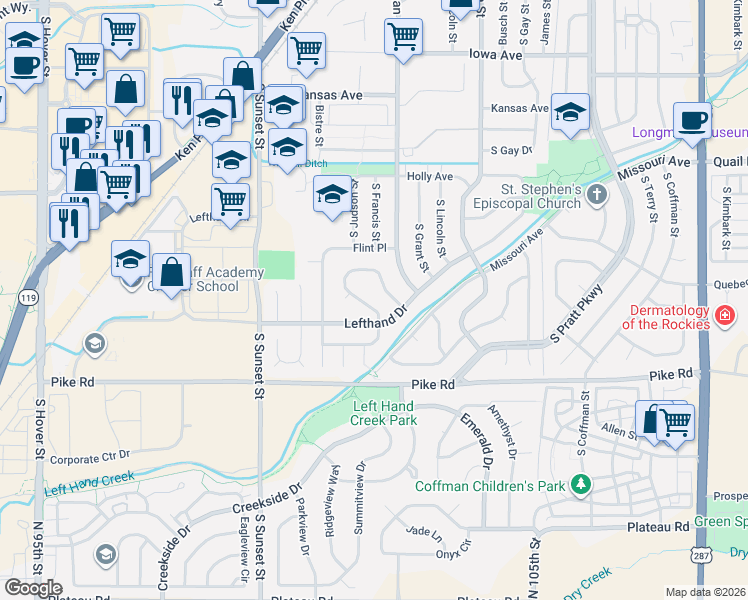 map of restaurants, bars, coffee shops, grocery stores, and more near 1512 Lefthand Drive in Longmont