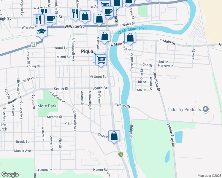 map of restaurants, bars, coffee shops, grocery stores, and more near 625 South Main Street in Piqua