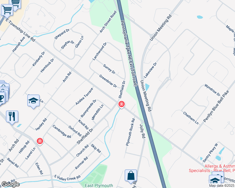 map of restaurants, bars, coffee shops, grocery stores, and more near 1775 Sheffield Drive in Blue Bell