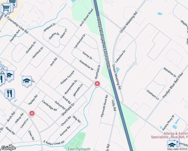 map of restaurants, bars, coffee shops, grocery stores, and more near 1775 Sheffield Drive in Blue Bell