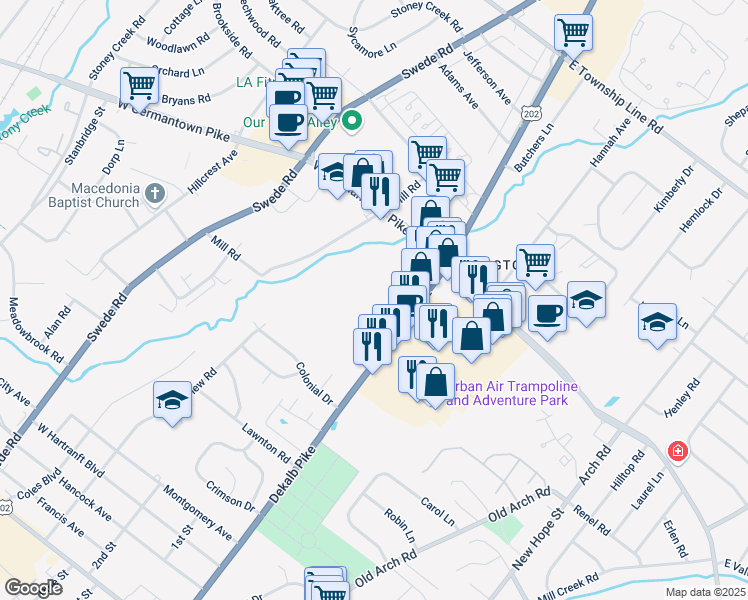 map of restaurants, bars, coffee shops, grocery stores, and more near 2701 Dekalb Pike in Norristown