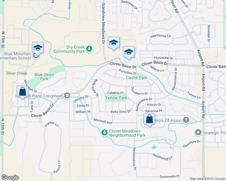 map of restaurants, bars, coffee shops, grocery stores, and more near 4608 Calabria Place in Longmont