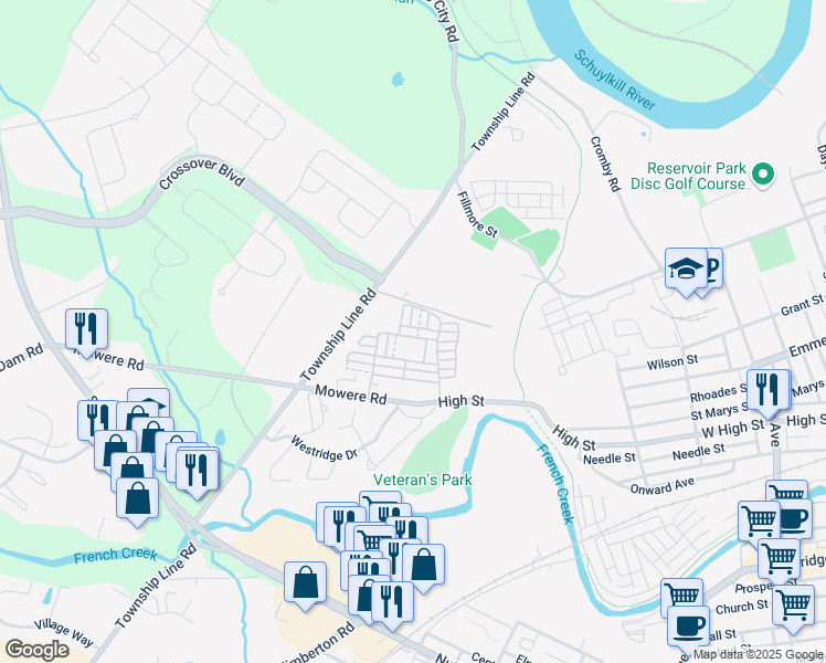 map of restaurants, bars, coffee shops, grocery stores, and more near 1808 Jazz Drive in Phoenixville