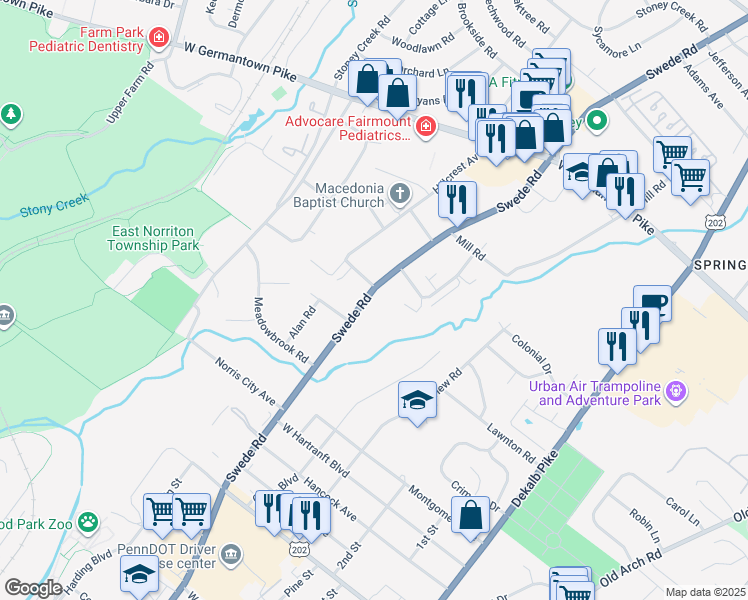 map of restaurants, bars, coffee shops, grocery stores, and more near 2508 Swede Road in Norristown