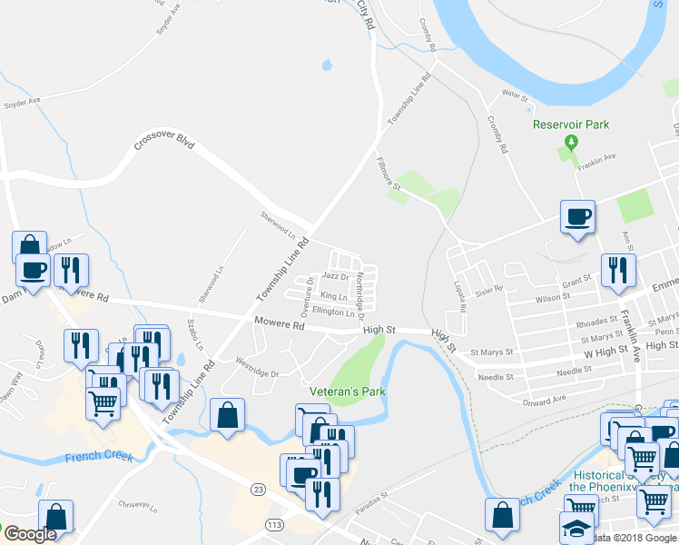 map of restaurants, bars, coffee shops, grocery stores, and more near 1808 Jazz Drive in Phoenixville
