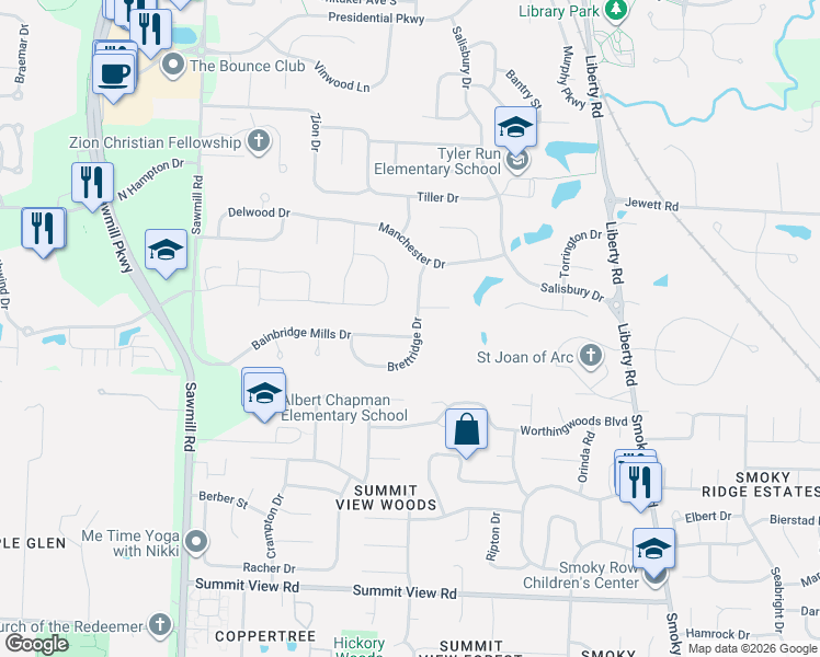 map of restaurants, bars, coffee shops, grocery stores, and more near 10625 Brettridge Drive in Powell