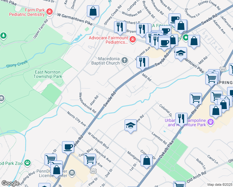 map of restaurants, bars, coffee shops, grocery stores, and more near 2508 Swede Road in Norristown