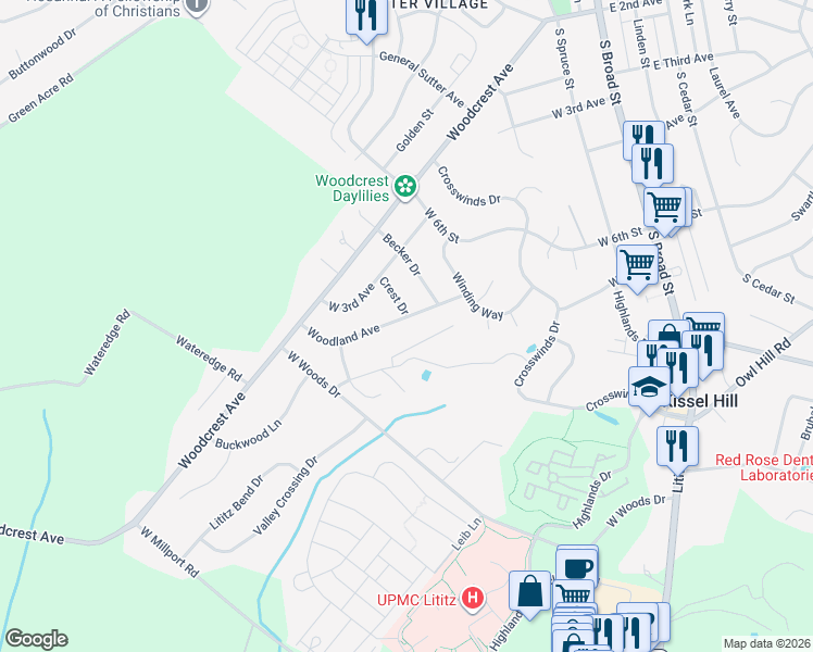 map of restaurants, bars, coffee shops, grocery stores, and more near 25 Woodland Avenue in Lititz