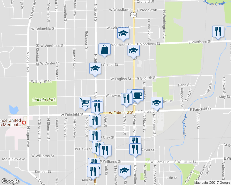map of restaurants, bars, coffee shops, grocery stores, and more near 1017 North Franklin Street in Danville