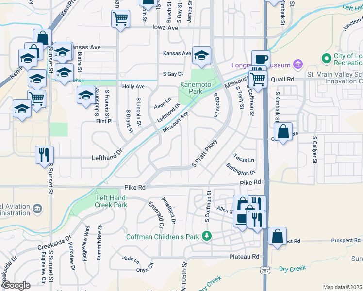 map of restaurants, bars, coffee shops, grocery stores, and more near 1512 Ashcroft Dr in Longmont