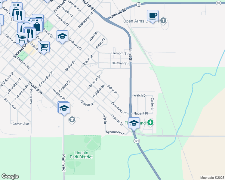 map of restaurants, bars, coffee shops, grocery stores, and more near 1701 Pekin Street in Lincoln