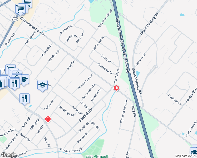 map of restaurants, bars, coffee shops, grocery stores, and more near 3033 Runnymede Drive in Plymouth Meeting