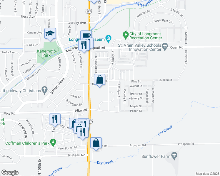 map of restaurants, bars, coffee shops, grocery stores, and more near 341 Southridge Place in Longmont