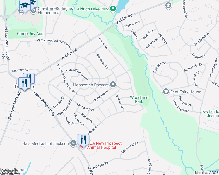 map of restaurants, bars, coffee shops, grocery stores, and more near 23 Wyoming Drive in Jackson Township