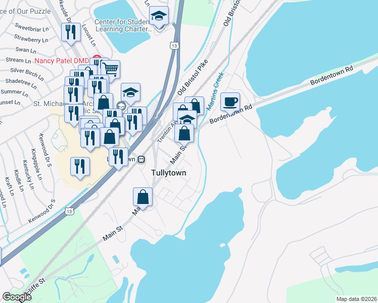 map of restaurants, bars, coffee shops, grocery stores, and more near 664 Spencer Drive in Tullytown