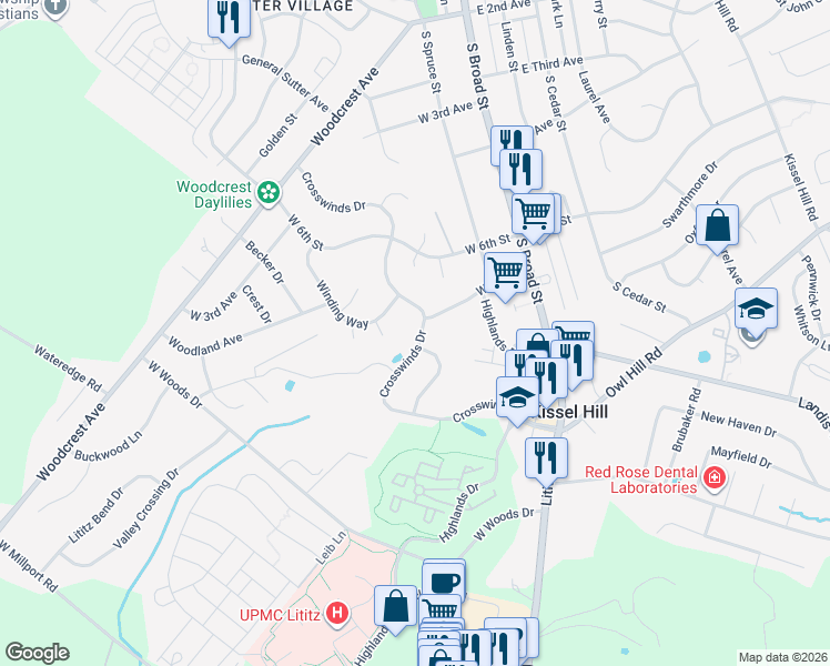 map of restaurants, bars, coffee shops, grocery stores, and more near 434 Crosswinds Drive in Lititz