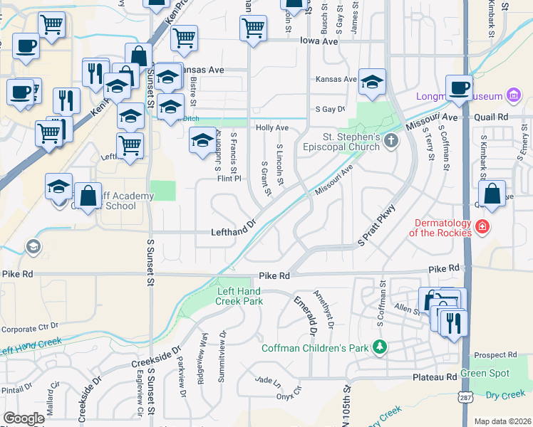 map of restaurants, bars, coffee shops, grocery stores, and more near 1403 Lefthand Drive in Longmont