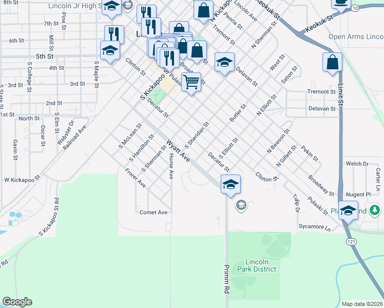 map of restaurants, bars, coffee shops, grocery stores, and more near Wyatt Avenue in Lincoln