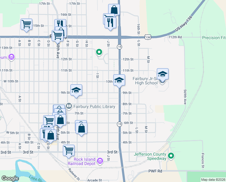 map of restaurants, bars, coffee shops, grocery stores, and more near 1020 9th Street in Fairbury