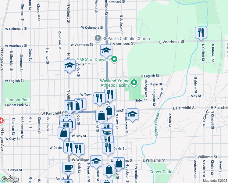 map of restaurants, bars, coffee shops, grocery stores, and more near 939-999 North Hazel Street in Danville