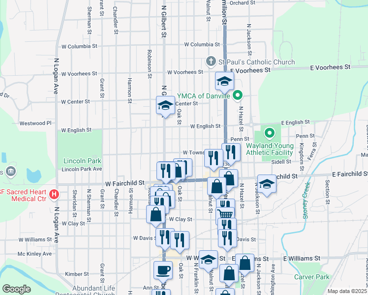 map of restaurants, bars, coffee shops, grocery stores, and more near 900-998 Oak Street in Danville