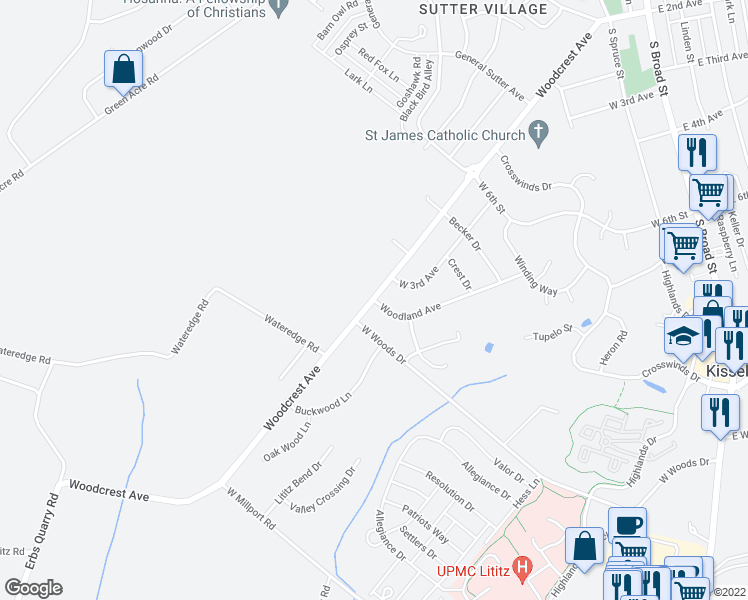 map of restaurants, bars, coffee shops, grocery stores, and more near 2 Woodland Avenue in Lititz
