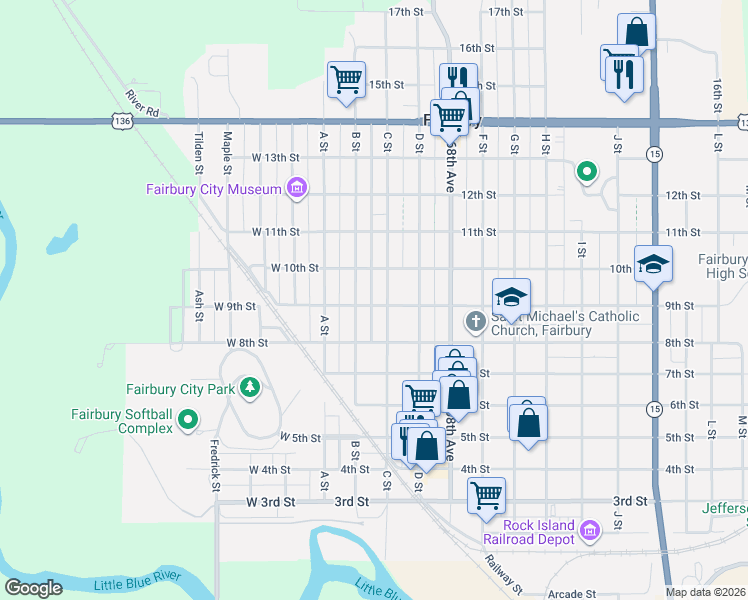 map of restaurants, bars, coffee shops, grocery stores, and more near 816 B Street in Fairbury
