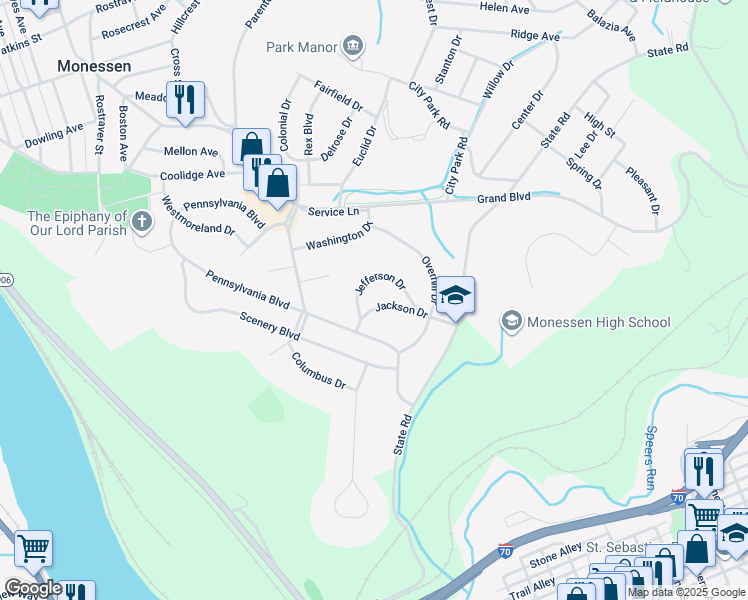 map of restaurants, bars, coffee shops, grocery stores, and more near 121 Pennsylvania Boulevard in Monessen