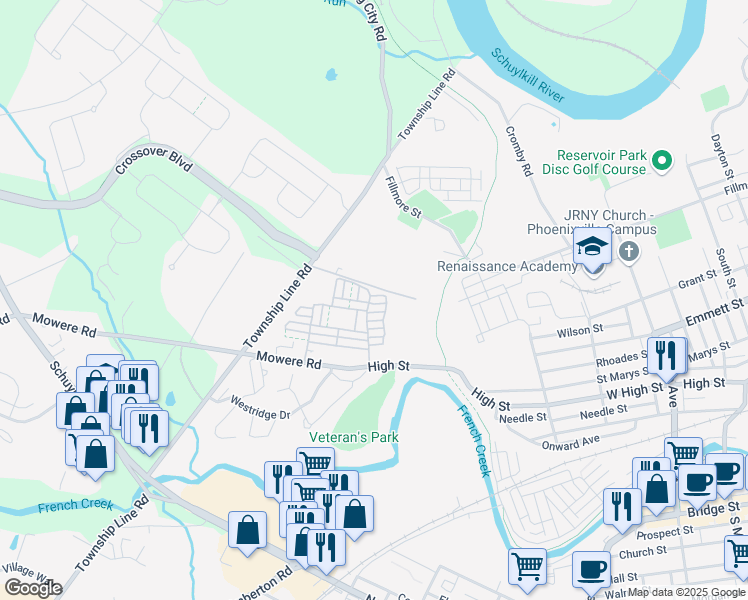 map of restaurants, bars, coffee shops, grocery stores, and more near 1501 Joplin Lane in Phoenixville