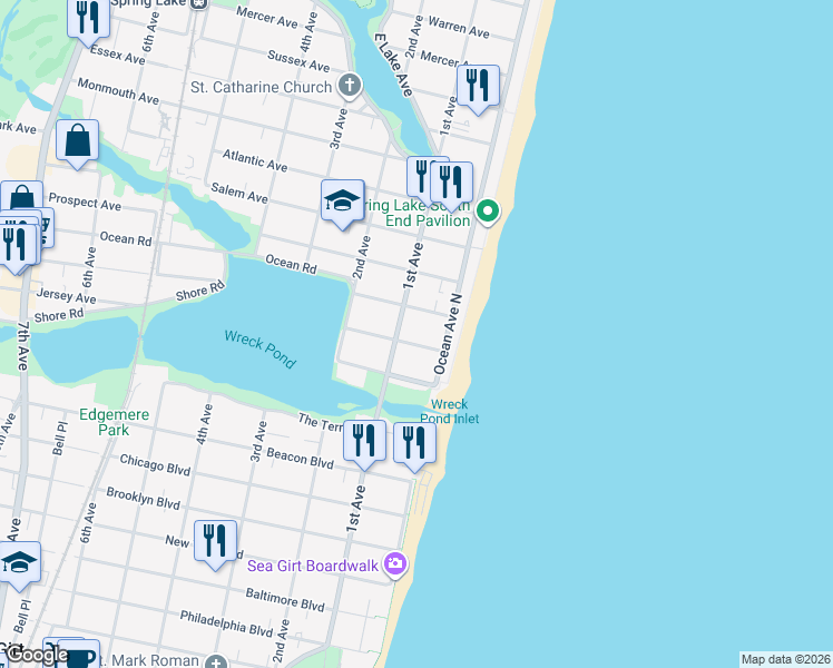 map of restaurants, bars, coffee shops, grocery stores, and more near 9 North Ocean Avenue in Spring Lake