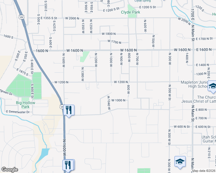 map of restaurants, bars, coffee shops, grocery stores, and more near 981 West 1050 North in Mapleton