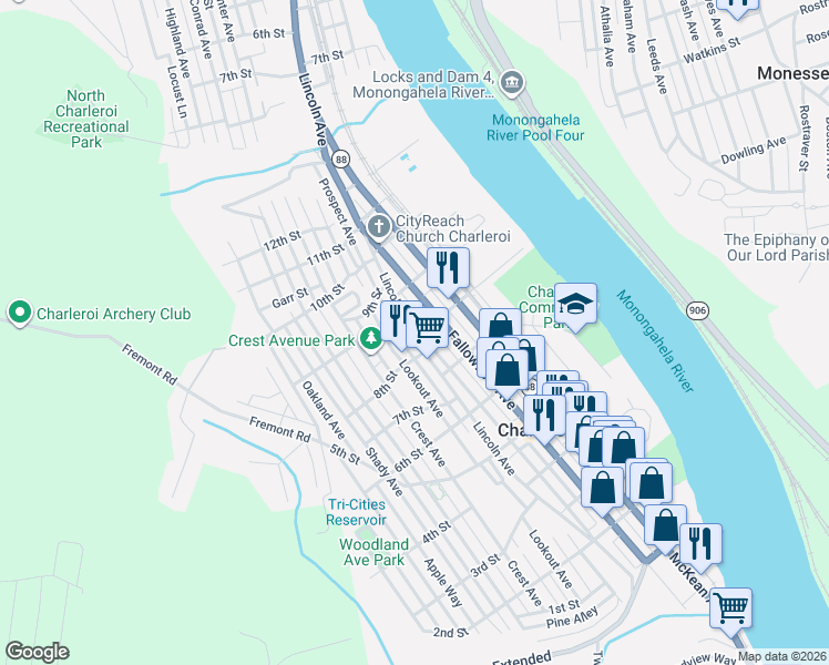 map of restaurants, bars, coffee shops, grocery stores, and more near 717 Washington Avenue in Charleroi