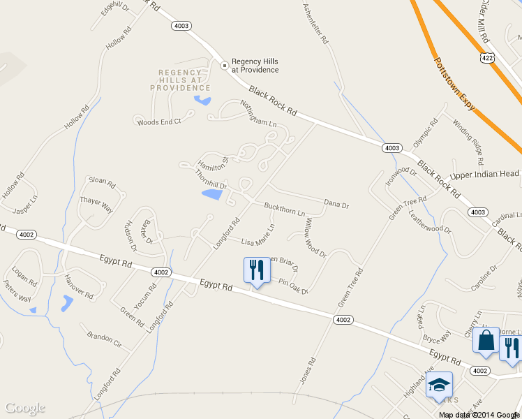 map of restaurants, bars, coffee shops, grocery stores, and more near 3 Buckthorn Lane in Collegeville