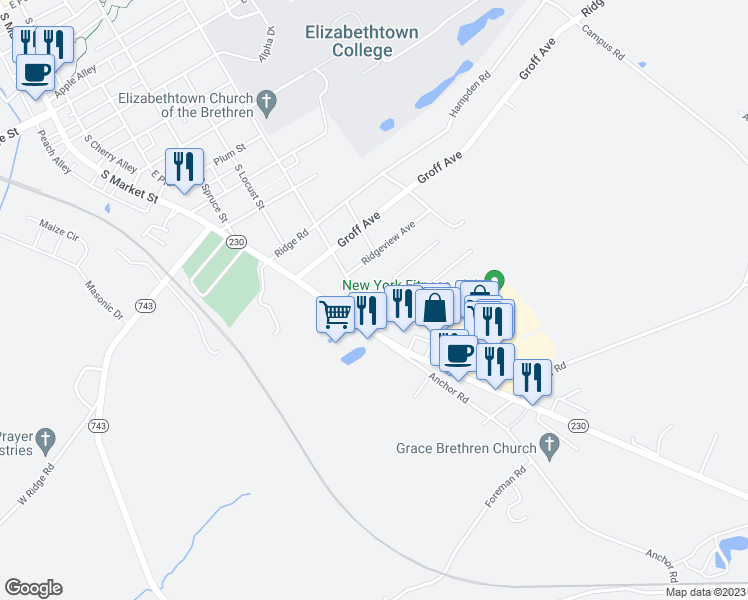 map of restaurants, bars, coffee shops, grocery stores, and more near 1322 South Mount Joy Street in Elizabethtown