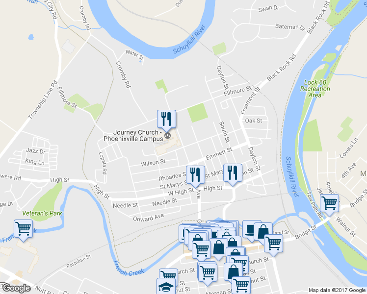 map of restaurants, bars, coffee shops, grocery stores, and more near 400 Grant Street in Phoenixville