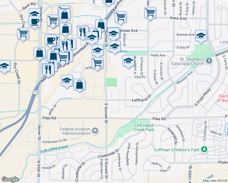 map of restaurants, bars, coffee shops, grocery stores, and more near 1509 Foster Court in Longmont