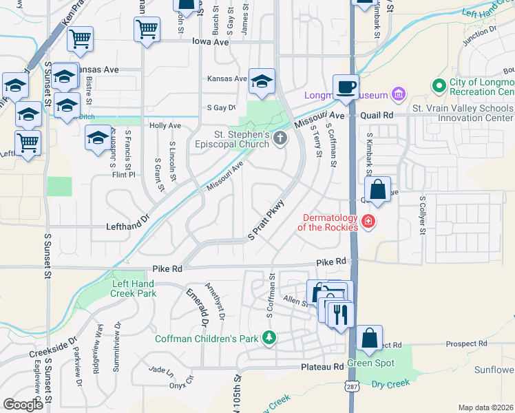 map of restaurants, bars, coffee shops, grocery stores, and more near 11 James Circle in Longmont