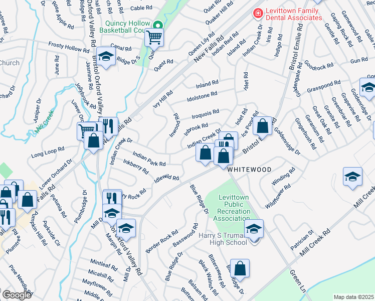 map of restaurants, bars, coffee shops, grocery stores, and more near 164 Indian Creek Drive in Levittown