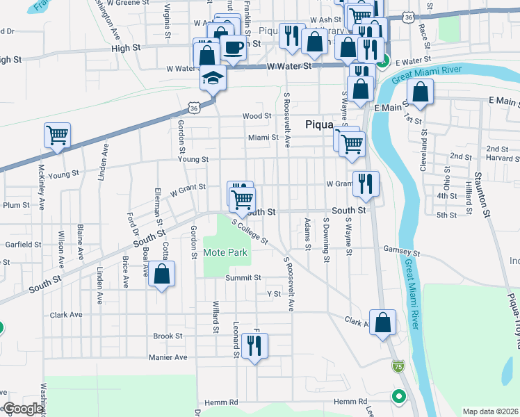 map of restaurants, bars, coffee shops, grocery stores, and more near 507 Orr Street in Piqua