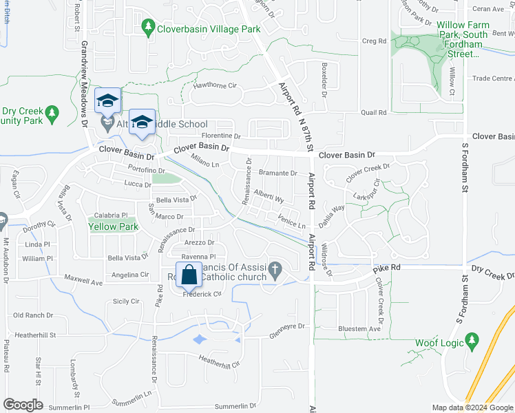 map of restaurants, bars, coffee shops, grocery stores, and more near 1540 Venice Lane in Longmont